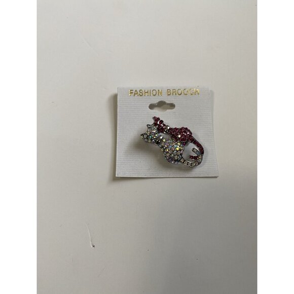 Two Kitty Cats Fashion Brooch Pin With Pink & AB Crystals Sliver Plated - Picture 3 of 5